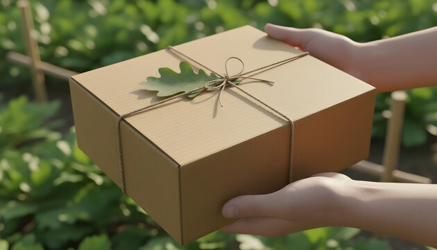 A hand gently holds a small square cardboard package tied with twine and adorned with a green leaf