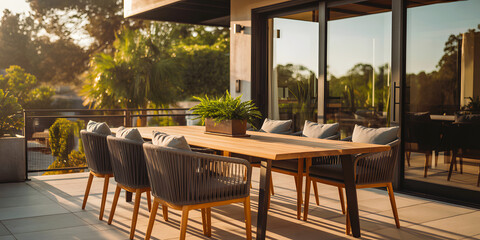 Fototapeta premium Luxury Outdoor Dining Terrace at Sunset with Modern Patio Furniture