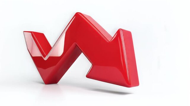Vibrant Red Zigzag Downward Arrow 3D Animation Seamless Loop on White Background with Reflective Surface, Symbolizing Decline, Loss