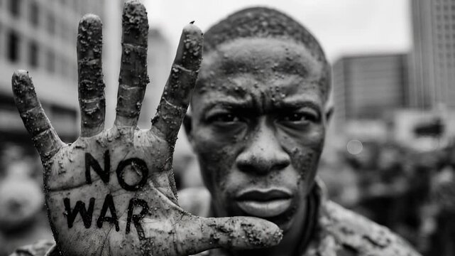 Black and white portrait of soldier raising mud-covered hand with no war written on palm, intense gaze, blurred crowd background, powerful antiwar protest concept