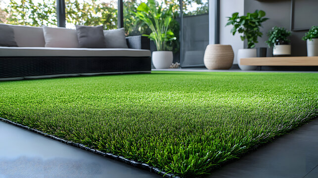 Close-up of green artificial grass carpet laid on a black floor in a modern interior. Synthetic turf roll with furniture in the background.
