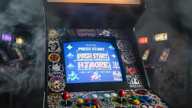 Retro arcade game machine cabinet with glowing screen and colorful stickers in a dark room filled with smoke and fog