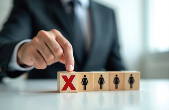 Man in suit points red X on cube over female symbols. Represents employee termination layoff or job loss decision. Business concept. Work staff selection.