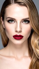 Fototapeta premium Portrait of a woman with long wavy blonde hair, intense gaze, and bold red lips