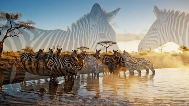 Scenic Group of Zebras Drinking Water at Sunset in the African Savannah, Reflecting in the Pond