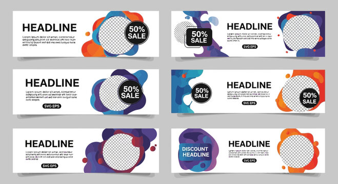 Abstract modern digital marketing banners with colorful fluid shapes and discount offers for online advertising campaigns