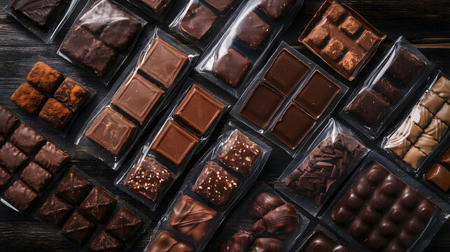 Flat lay of assorted chocolate bars and sweets vacuum sealed in transparent plastic packaging on a dark wooden background. A variety of milk and dark dessert snacks.
