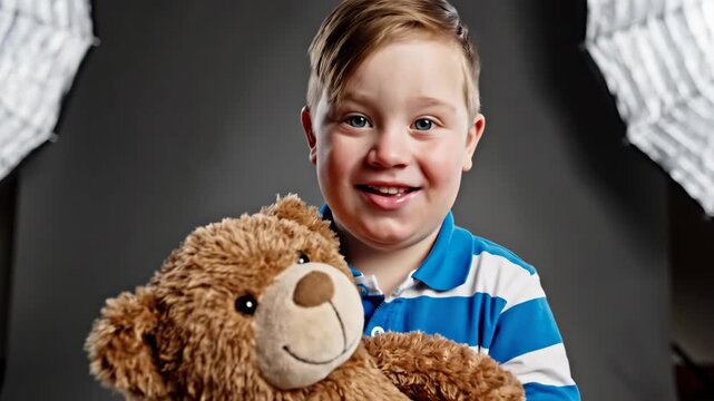 cheerful caucasian boy hugging brown teddy bear in photo studio. cute child with plush toy smiling at camera. grey background with softbox lights. childhood, playtime.