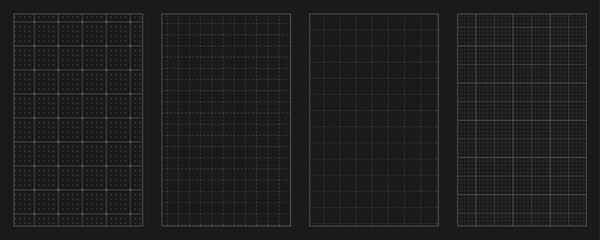A collection of black millimeter grid backgrounds with a square notebook paper texture, editable vector sheets with outlines for technical drawings, planners, and universal design templates
