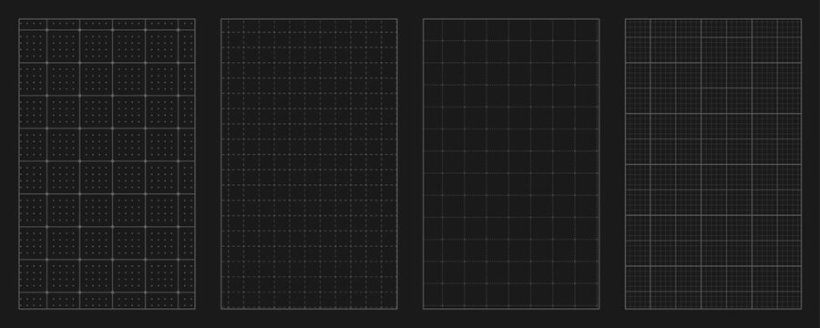 A collection of black millimeter grid backgrounds with a square notebook paper texture, editable vector sheets with outlines for technical drawings, planners, and universal design templates