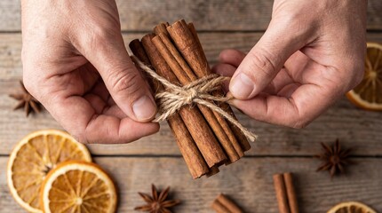 Top Down Detail of Hands Tying a Rustic Twine Bow Around a Bundle of Aromatic Cinnamon Sticks