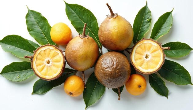 Assorted ripe aguaje fruits, citrus halves arranged with green leaves on white background. Whole fruits, sliced citrus show yellow pulp, white flesh, brown skin. Healthy organic produce, natural