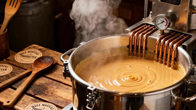 Medium shot of steam rising from a jacketed kettle as sweetened condensed milk thickens highlighting the slow heating process in a smallbatch production setup.
