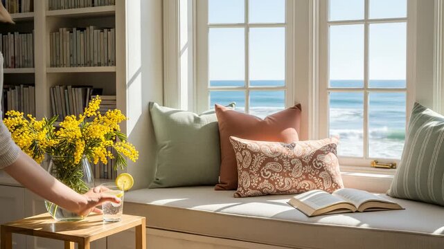 Cozy reading nook by a window with a stunning ocean view, featuring decorative pillows, an open book, and fresh yellow flowers in a bright beach house interior.