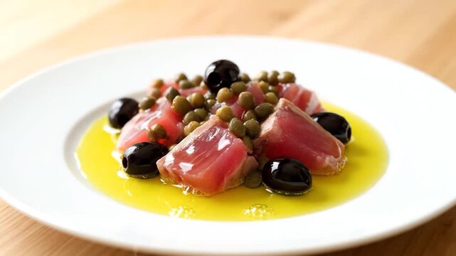 Close-up of a plate of tuna, olives, and capers drizzled with oil