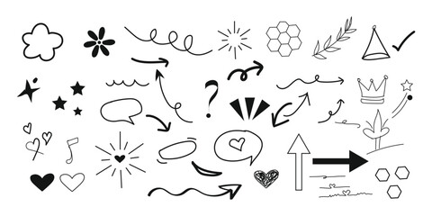 Obraz premium Collection of hand drawn black and white illustrations and symbols