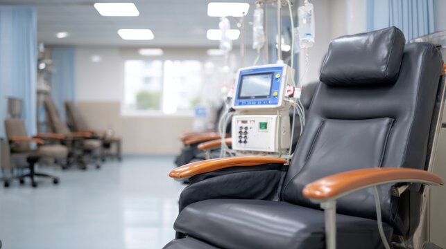 Dialysis clinic room with medical machines and chairs providing renal treatment for kidney patients