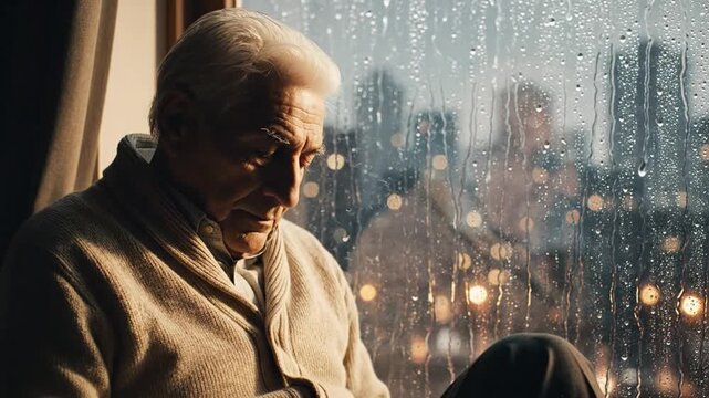 Elderly man gazes pensively out a rain-streaked window at blurred city lights conveying feelings of loneliness reflection and quiet contemplation during a somber evening