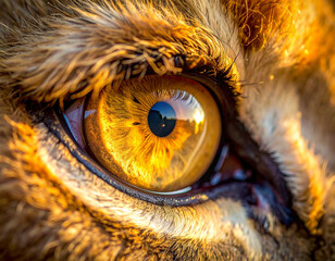 A lion's eye is shown in a close up. The eye is yellow and has a dark pupil