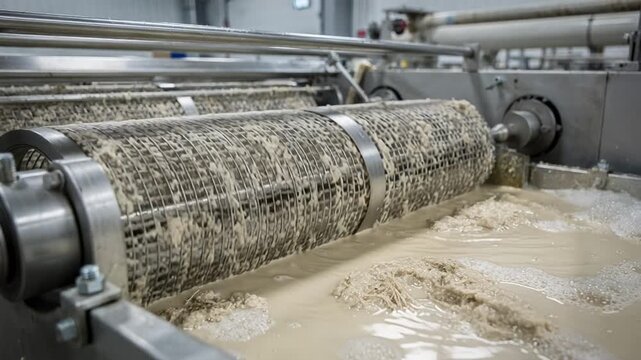 Close medium angle on stainless steel screens separating pulp fibers from impurities showcasing mechanical details and subtle foam variations on the liquid surface.