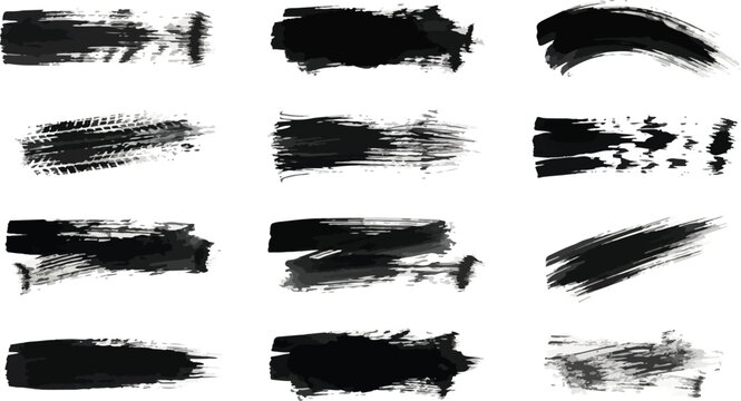 Car wheel tire trails, grunge brush texture silhouette. Rally road drift trace mark, speed race design vector set