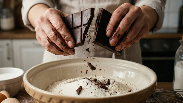 Person breaking chocolate into flour mixture in a kitchen bowl
