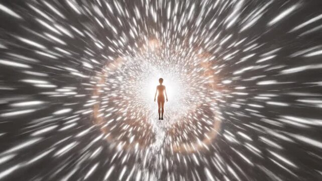 silhouette of human figure standing in tunnel of light rays. abstract space travel or spiritual concept. warp speed motion background with starburst. teleportation into new dimension.