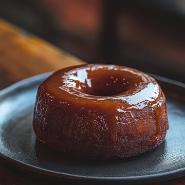 Close up of glazed cronut on dark plate. AI-generated.