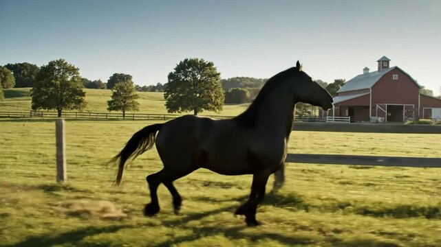 Graceful black horse galloping and prancing with energy in a sunlit green pasture near a red barn