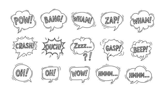 Comic Book Speech Bubbles: A vibrant collection of comic book speech bubbles, each expressing a unique sound effect and emotion.