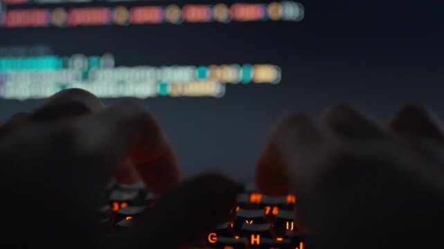 An IT engineer intensely types complex code on the keyboard, fine-tuning a sophisticated AI neural network model on the computer screen, driving innovation in science, AI development