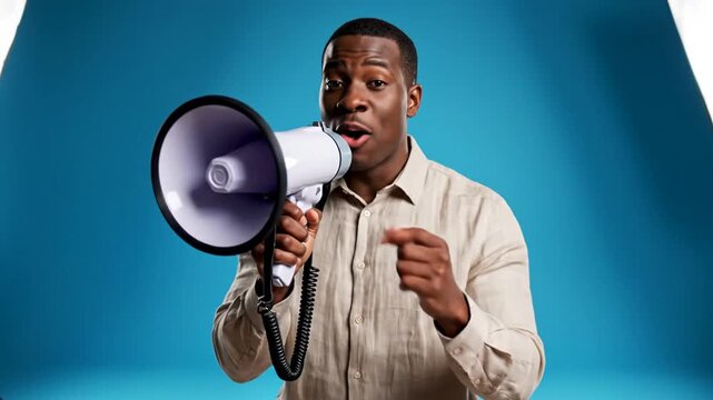 Enthusiastic man holding a megaphone and pointing upwards conveying excitement announcement or urgent message in a studio setting with bright lighting
