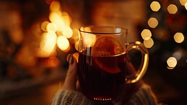 a cup of mulled wine in hands on the background of the fireplace. Selective focus