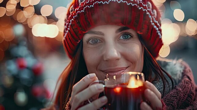 a woman holds mulled wine in her hands. Selective focus