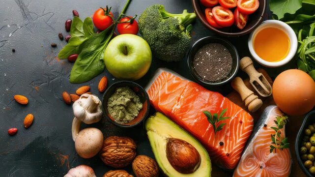 fruits vegetables fish keto diet top view. selective focus