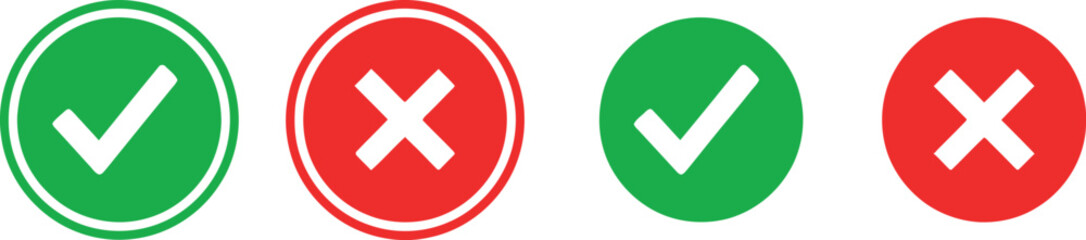 Four green checkmark and red cross icons isolated on transparent background © RAC.Design-Magic
