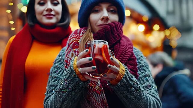 a woman holds mulled wine in her hands. Selective focus