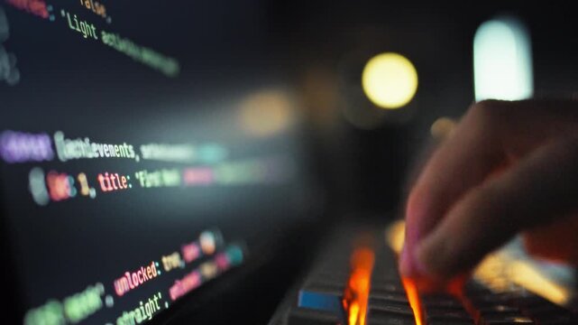 An adept software engineer rapidly inputs intricate programming code on computer keyboard, with monitor displaying real-time updates, exemplifying the cutting-edge fusion of AI and coding technology