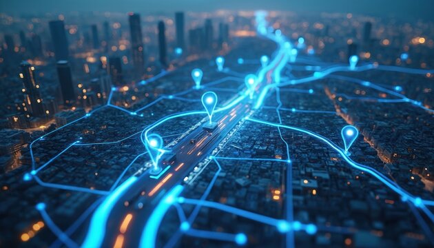 Cityscape with glowing blue network lines connect buildings and roads. Digital map shows transport routes with location pins. Futuristic urban system visualization in dark.
