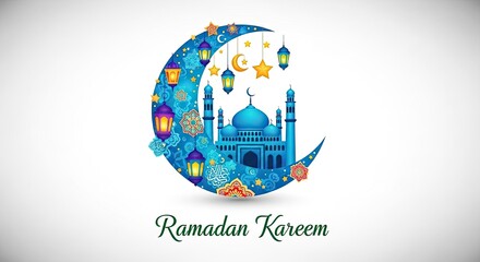 Naklejka premium Ramadan kareem greeting with mosque and crescent moon