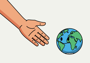 Human hand reaching out to touch the planet Earth.