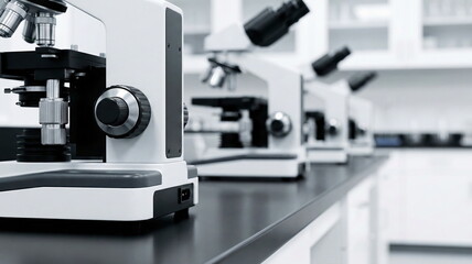 Fototapeta premium A row of modern optical microscopes on a dark laboratory bench in a clean, sterile research or educational environment.