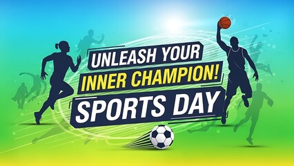 Dynamic soccer players unleashing inner champion on sports day with motivational banner on sunny field