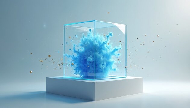 Clear glass cube holds bright blue explosion, gold particles float around. Displayed on white pedestal with soft blue background. Modern abstract concept.