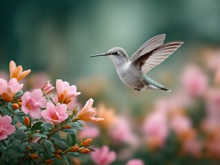Naklejka premium Hummingbird near colorful flower in sunlight