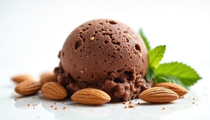 Rich chocolate ice cream scoop with whole almonds and fresh mint leaf. Sweet dessert treat made with dairy and nuts. Perfect for summer refreshment.