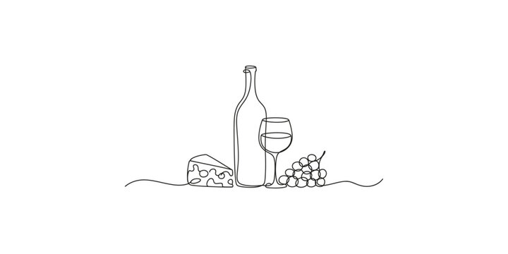 Minimalist continuous line drawing of a wine bottle glass cheese and grapes on a white background.