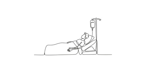 Fototapeta premium Continuous line drawing of a patient lying in a hospital bed with an intravenous drip bag