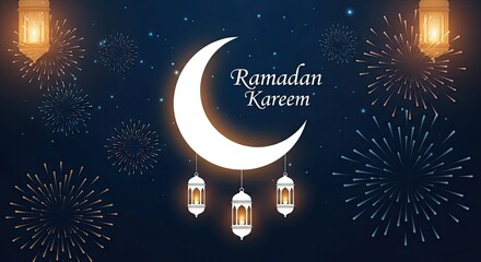 Naklejka premium Ramadan kareem greeting with crescent moon and lanterns