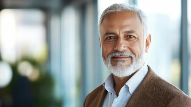 Mature, bearded businessman with a mustache smiling and looking confident in an office setting. He is dressed professionally.